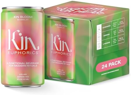 Kin Bloom by Kin Euphorics, Non Alcoholic Spirits, Prebiotic, Ready to Drink, L-Theanine, Schisandra, Damiana, Strawberry, Ease Back to Center, Conjure Clarity and Vision, 8 Fl Oz (24pk)
