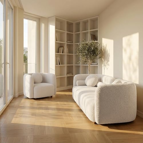 Image of 2026 New White Boucle Sofa Set, 2-Piece Living Room Seating Set - 3 Seater Sofa + Single Chair, Solid Wood Frame Modern Couches with Pillows