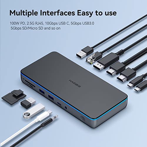Image of Hagibis DisplayLink Docking Station for MacBook M1 /M2 /Windows, Triple Display 3 Monitors USB C Hub with LED Strip Light, 8K HDMI, 4K@60Hz DispalyPort, 100W PD, 2.5G RJ45, 10Gbps USB3.1