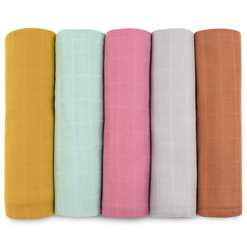 Image of Bublo Baby Muslin Swaddle Blankets, Swaddle Blanket for Baby Boys and Girls, 5-Pack Breathable Premium 100% Cotton Baby Receiving Blankets, Exta Large Size 47x47 Inches, Solid