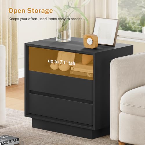 Image of TEENFON Night Stand with 2 Drawers and Open Shelf, Nightstand Bedside Table with Cut-Out Handle, End Table for Bedroom, Black, 17.7″ L x 15.7″ W x 23.6″ H