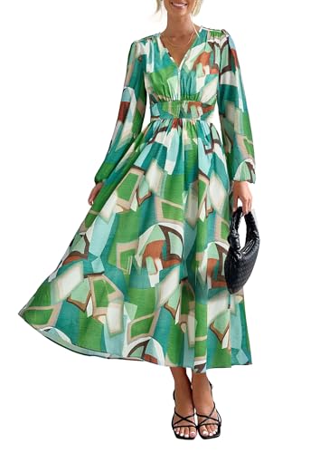 PRETTYGARDEN Women's Floral Midi Dress Casual Fall V Neck Long Sleeve Flowy Spring Beach Wedding Guest Vacation Dresses (Green,Small)