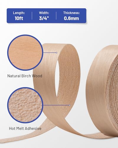 Image of Birch Edge Banding 3 /4 inch x 10 ft Real Wood Veneer Plywood Edge Banding Iron-on Pre-glued Veneer Edging Tape for Cabinet Repairs Furniture Restoration