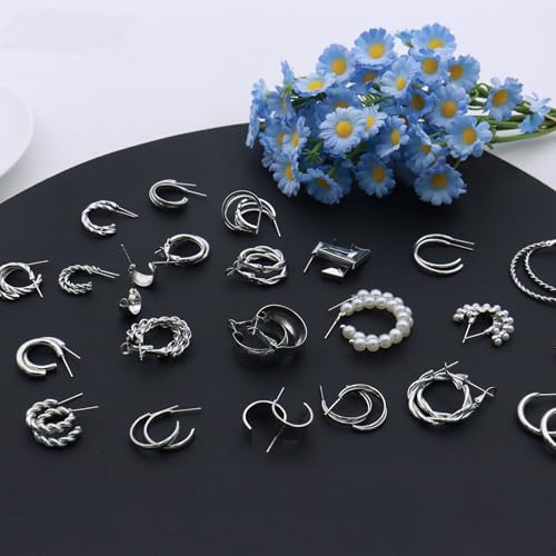 24 Pairs 14K Gold Hoop Earrings Set for Women.Hypoallergenic Statement Earring Multipack Pearl Chunky Chain Twisted Hoop Earrings Pack4