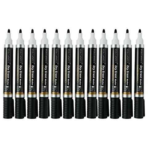 Volcanics Whiteboard Pens Low Odor Whiteboard Markers Dry Wipe Pens Pack of 12, Black Cover