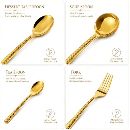 Image of Premium Stainless Steel, 25-Piece Cutlery Set for Kitchen & Table (6 Dessert Table Spoons, 6 Forks, 6 Tea Spoons, 6 Soup Spoons, 1 Storage Stand) (25, Golden)