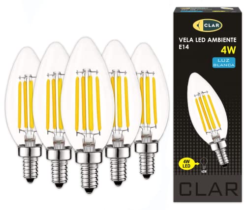 CLAR - Bombilla Filamento Led Vela 4W, Vela 4W Luz Neutra 4000ºK (Pack 5)