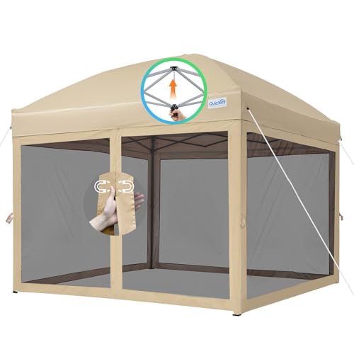 Quictent 10x10 Pop up Canopy Tent with Netting, Auto-Close Magnetic Doors, One Person Instant Setup Screen House Room Tent Screened Waterproof Tan 10'