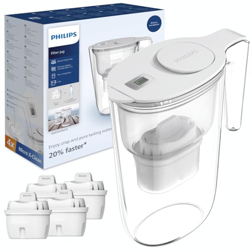 Philips Water Filtro de jarra + 4 cartuchos de filtro de repuesto, Filtración Avanzada, flujo rápido, temporizador electrónico, filtra CLORO, CAL, metales pesados y MICROPLÁSTICOS, capacidad 2,6 L