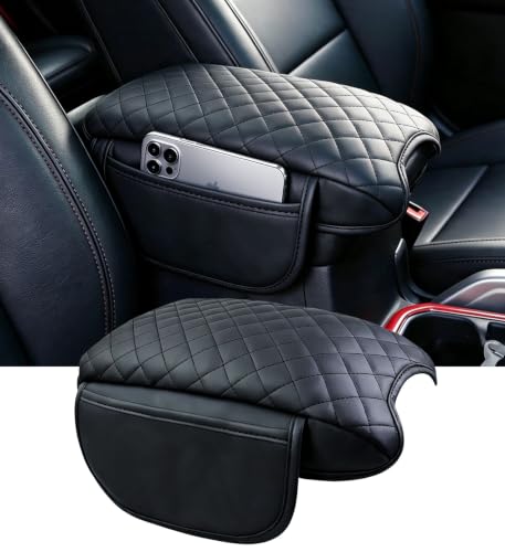 Image of Center Console Cover for Jeep Wrangler JL & Gladiator JT 2018-2026, 1.2-Inch Thick PU Leather Middle Armrest Cushion Protector Pad with 2 Side Pockets for 2018-2026 Wrangler & Gladiator, Black