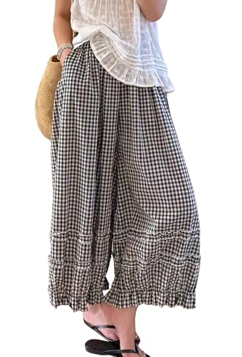 chouyatou Women 2026 Summer Ruffle Hem Crop Cotton Linen Pants Beach Plaid Gingham Wide Leg Pants Palazzos (X-Large Black)