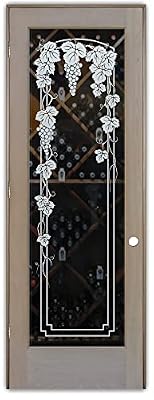 Frosted Glass Wine Door - Vineyard Grapes Trellis - 1D Positive Clear - Grapes & Ivy - 32" x 96" - Knob on Right - Pull Open - Alder Clear