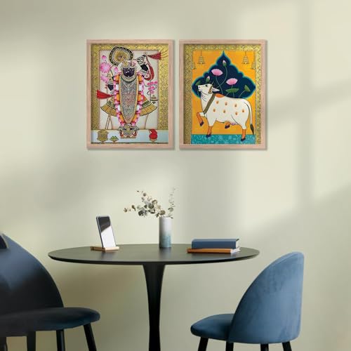 Image of kotart Traditional Indian Wall Art Painting Set of 2 | Kamdhenu Cow Design | MDF Wooden Framed Spiritual Wall Decor for Living Room, Pooja Room & Home (Art 4, 25x37 Inch)
