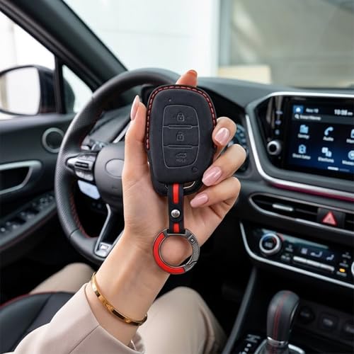 Image of KMH Alcantara Car Key Cover Compatible Hyundai Grand i10 NIOS Asta | Venue | i20 | Aura | Creta | Elantra 3 Button Shell Case Holder Full Key Smart Keycover with Keychain (D1) Black - Pack of 2