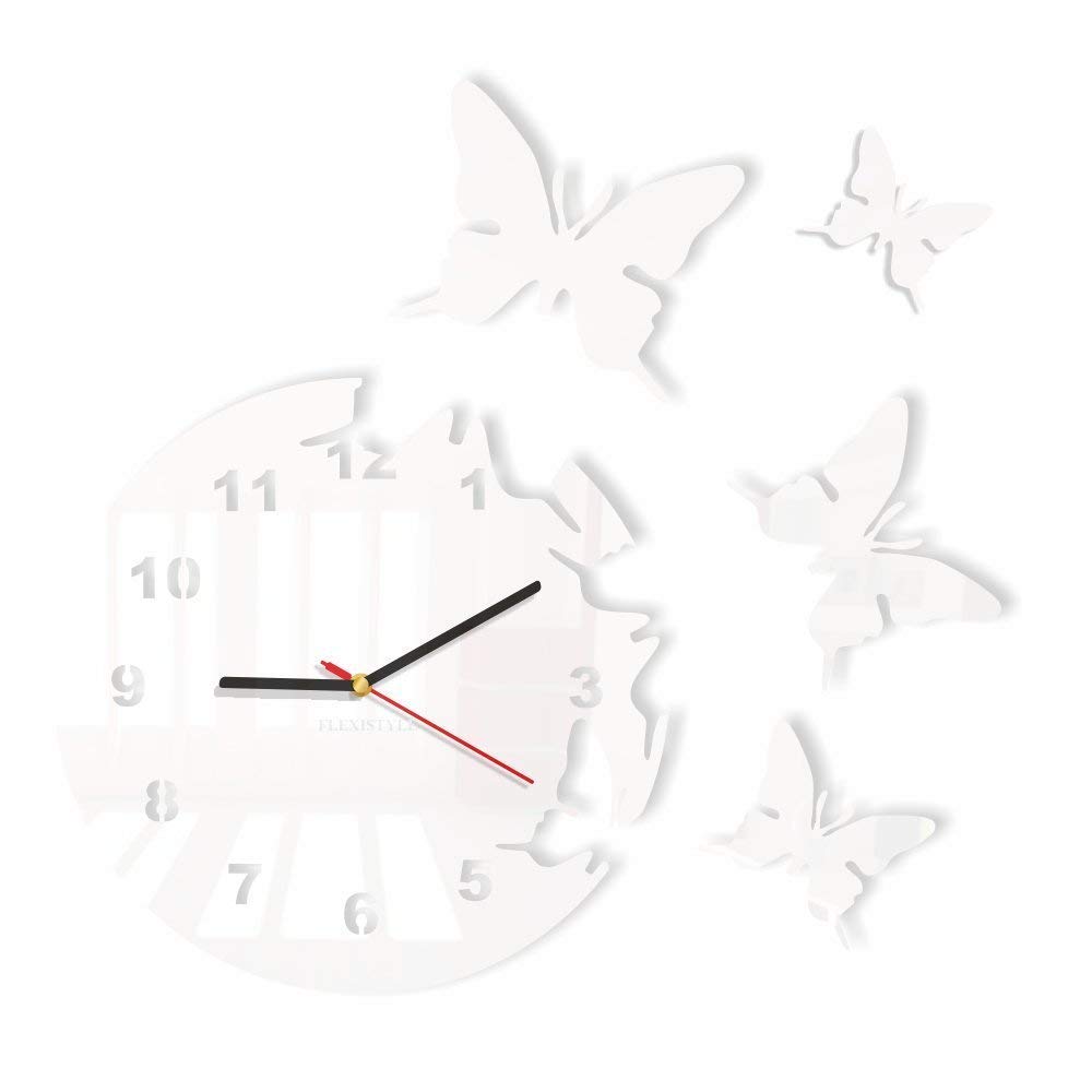 FLEXISTYLE Reloj de Pared Redondo Mariposas Blanco 30 cm habitacion de Salon Estilo Moderno 3D silencioso