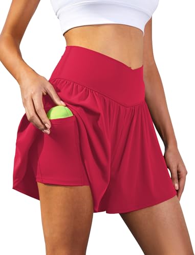 Women's Athletic Running Shorts with Pockets Crossover Butterfly Flowy Shorts Cute Summer Skorts