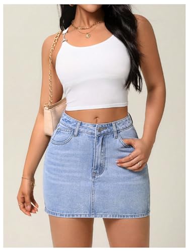 Floerns Saias jeans femininas casuais de cintura média streetwear bodycon mini saia, Lavagem média,
