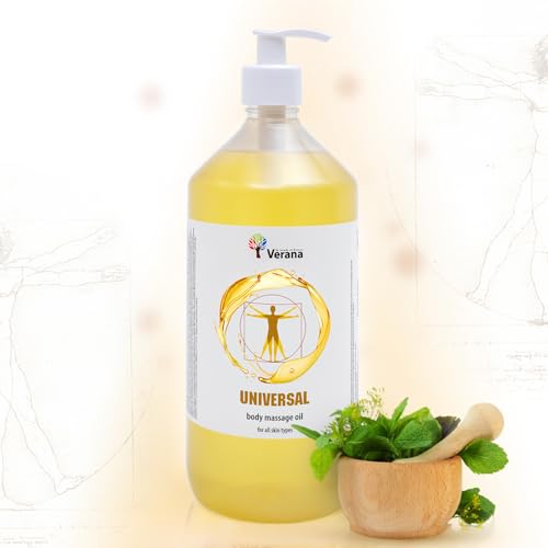Verana Aceite de Masaje Universal, para el Cuerpo, el Rostro y el Cabello, Natural, Sin Perfume, Suaviza, Rejuvenece, Reduce las Arrugas, Restablece el equilibrio Hídrico, Vegano (1L)