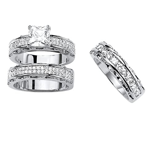PalmBeach Silvertone Princess Cut Cubic Zirconia Bridal Ring Set Sizes 6-10