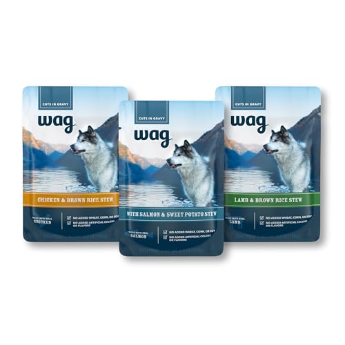 Amazon Brand - Wag Wet Dog Food Topper Chicken Lamb and Salmon Stew in Gravy 3.5 oz Pouches (Pack of 24)