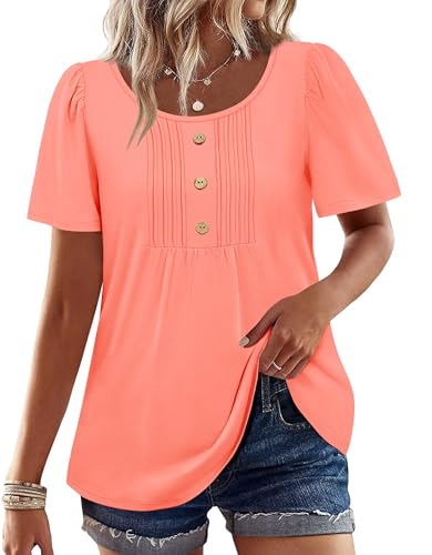 Image of Womens Tops Dressy Casual Blouses Short Sleeve Shirts Plus Size Fashion Clothing Spring Summer Outfits Button Pleated Front