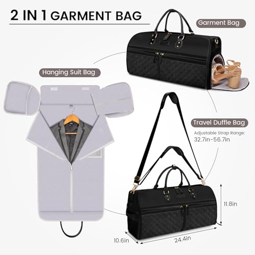 Convertible Garment Duffle Bags for Travel, Carry On Garment Bag with Shoe Compartment, 2 In 1 Travel Suit Bag with Shoulder Strap for Men Women, Waterproof Weekender Bag for Business Trip,Black2
