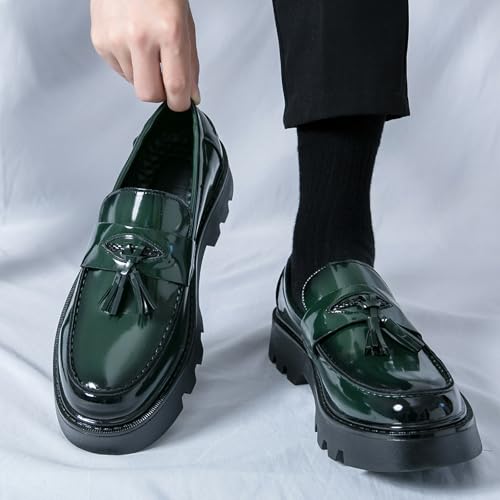 Image of Men's Black Soft Patent Leather Platform Chunky Heel Loafers Fashion Tassel Business Casual Formal Work Shoes Non-Slip Lug Sole Slip-On Penny Loafers