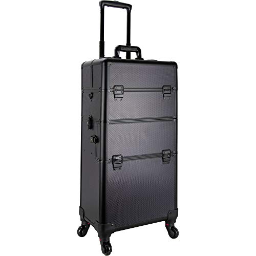 31.25 Inch 360 Degree Rotating 4 Wheel Rolling Professional Black Dot Aluminum 4 Easy Sliding Extendable Trays Studio Cosmetic Beauty Makeup Artist Travel Supply Styling Organizer Tote Holder Storage Train Case Cart Trolley + Removable Case + Adjustable Dividers + Removable Mirror + Telescoping Handle #TOP1