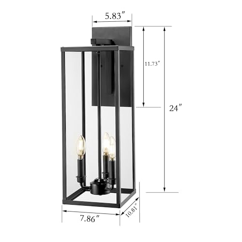 Bestshared Large Outdoor Wall Sconce, 24'' Modern Black Outdoor Wall Lantern, 3-Light Clear Glass Porch Light, Weather Resistant Outside Light for House Entryway Garage Patio, E12 Base(1Pack) by Bestshared - Image 3