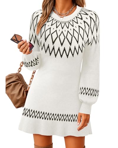 Youtalia Womens Long Sleeve Sweater Dress Fall Fashion Knit Tunic Dresses Fair Isle Casual Winter Pullover Sweaters Warm Fall Clothes Fair Isle Beige L