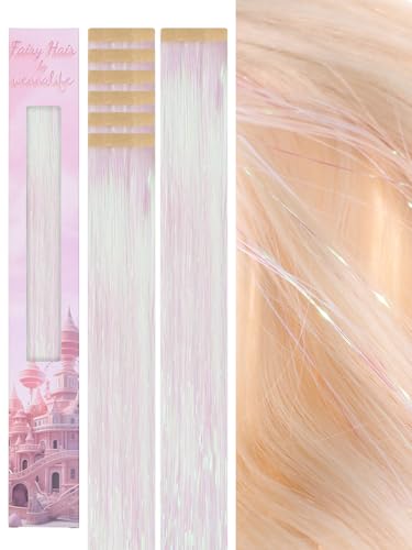 WENNALIFE Hair Tinsel Tape in Hair Extensions, Bright White 12PCS 24 Inch Invisible Tape in Extensions Quick Install Glitter Tinsel Hair Extensions Sparkle Fairy Party Hair Accessories for Women