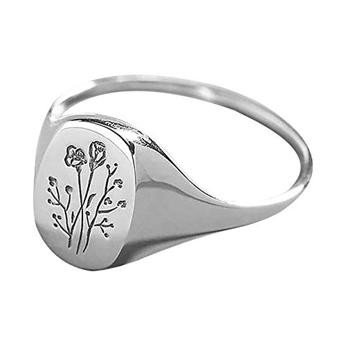 Taswuw 12 Months Birth Flower Handcrafted Solid Signet Ring 925 Sterling Silver Birthday/Wedding Gift for Women Engagement Ring