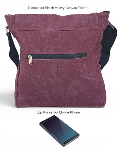 Image of The House of tara Sturdy Cotton Canvas Messenger Bags for Men and Women | With two Magnetic Snap Buttons Flap Closure, Adjustable Body Strap & Multiutility Lobster Hook (Vintage Wine)