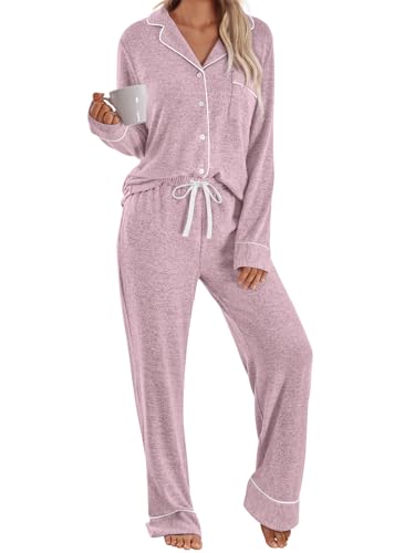 LILLUSORY Womens Long Sleeve Pajama Set - Soft Button-Down Top & Comfortable Drawstring Pants with Pockets Coral M