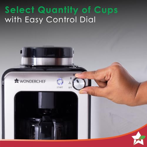 Image of Wonderchef Regalia Bean-to-Cup Brew Coffee Maker with Grinder | Grind Coffee Beans | Get Fresh Aromatic Powder | Brew 4 cups | Glass Carafe | Easy Control Dial | 2 Years Warranty | Steel