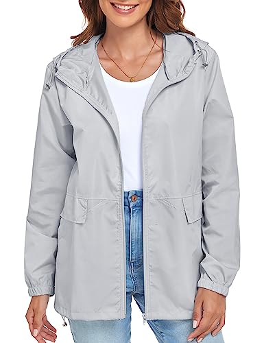 Jminger Lightweight Raincoat For Women Quick Dry Sport Rain Jacket Drawstring Hood Packable Waterproof Jackets Grey Large cover