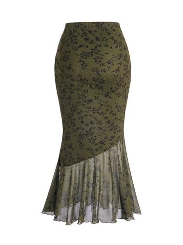 Verdusa Women's Floral Print High Waist Bodycon Ruffle Hem Fishtail Long Skirt2