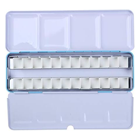 YuuHeeER Empty Watercolour Tins Palette Paint Case Metal Box With 24 Half Pans For Blue Cover