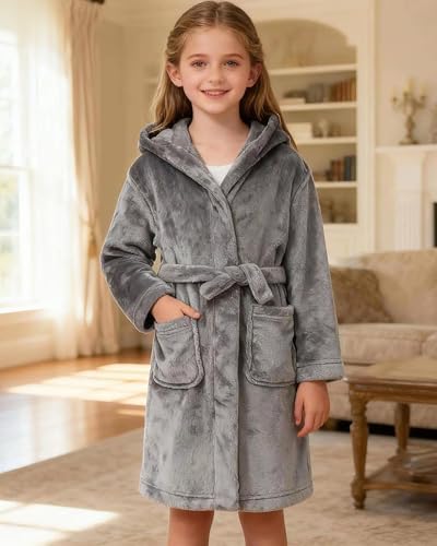 Image of Girls Fleece Hooded Robes, Warm Printed Bath Robe for Kids Soft Fuzzy Bathrobe for Gifts