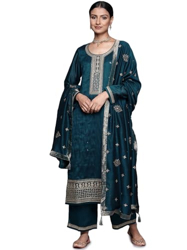 Image of Libas Womens Embellished Silk Blend Straight Kurta With Palazzos and Dupatta