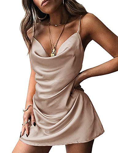 ANDMO Womens Satin Cowl Neck Dress Mini Slip Sexy Cami Dresses Sleeveless Spaghetti Strap Dress Light Gold