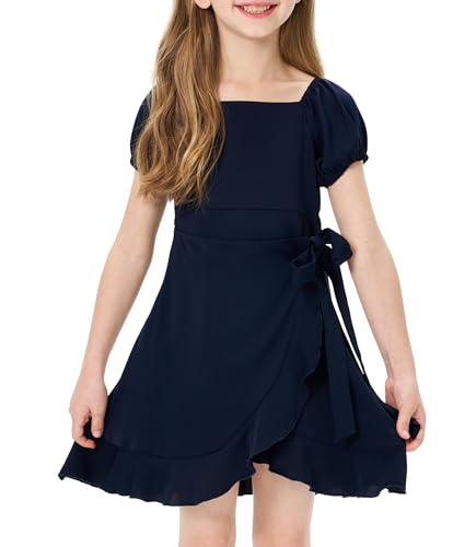 Girls Summer Bubble Sleeve Midi Dress with Ruffled Hem Square Neck Casual Flowy Sundress