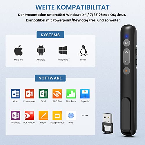 Presenter mit Laserpointer,Powerpoint Fernbedienung Präsentationsfernbedienung Pointer für Präsentationen,Newenmo USB C&USB A 2 in 1 Präsentation,Präsenter mit Hyperlink&Volumen Kontrolle