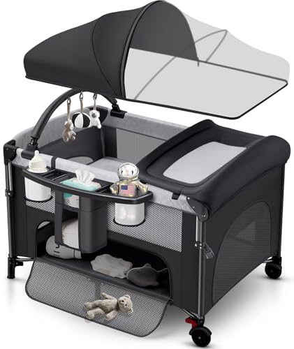 Image of 4 in 1 Baby Bassinet Bedside Crib with One-Hand Setup & Waterproof Mattress – ASTM-Certified Pack and Play, Portable Foldable Playard with Diaper Changer for Newborn to Toddler(Black)