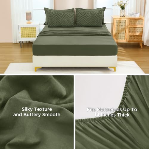 Image of Andency Queen Comforter Set Olive Green - 7 Pieces Bed in a Bag Queen Boho Olive Green Bedding Comforter Sets, Tufted Bed Set with Comforter, Sheets, Pillowcases & Shams