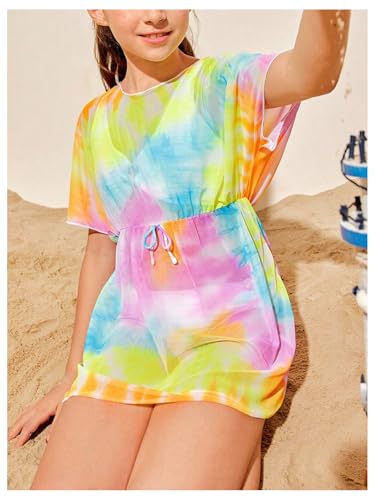 Milumia Girl's Tie Dye Sheer Bowknot Crew Neck Swimwear Cover Up Mesh Coverups3