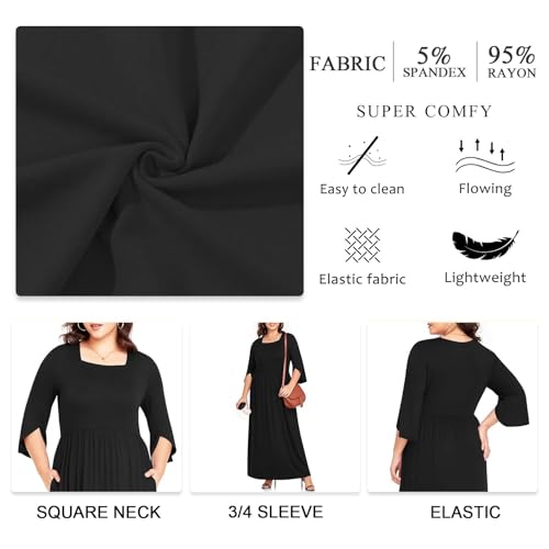 TAOHUADAO Women's Summer Plus Size Dresses Square Neck Ruffle 3/4 Sleeve Casual Maxi Dress4