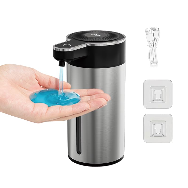 Automatic Soap Dispenser, 400ml Touchless Sensor Soap Dispenser, USB-C Rechargeable, 4 Adjustable Levels, Digital Display, Suitable for Kitchen & Bathroom, Matte Black