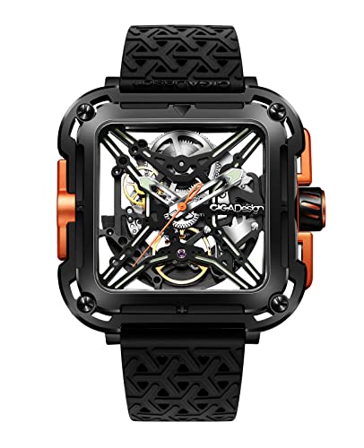 CIGA Design Montre Automatique Homme - Série X SUV Montre Bracelet Mécanique Squelette en Acier Inoxydable Cristal Saphir avec Bracelet en Nylon et en Silicone(Orange)