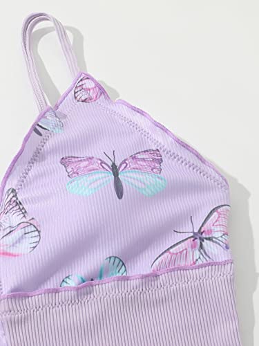 WDIRARA Girl's 3 Piece Set Floral Butterfly Print Colorblock Swimwear Tie Side Onepiece Swimsuit Bikini Set3